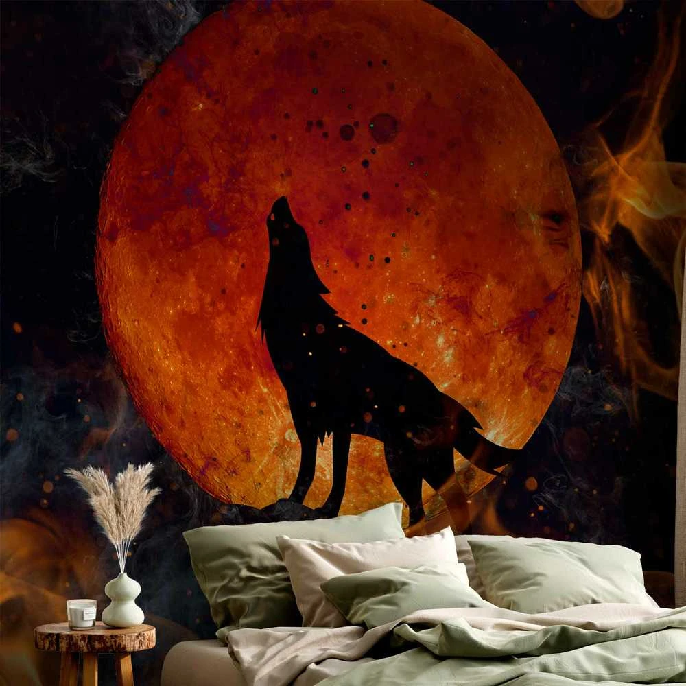 Artgeist Fototapetas - Wild nature - wolf on a background of a red moon in flames of fire