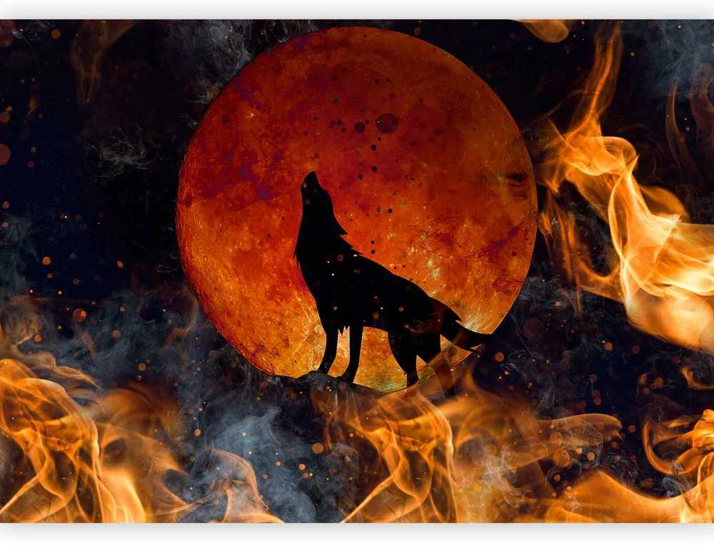 Artgeist Fototapetas - Wild nature - wolf on a background of a red moon in flames of fire