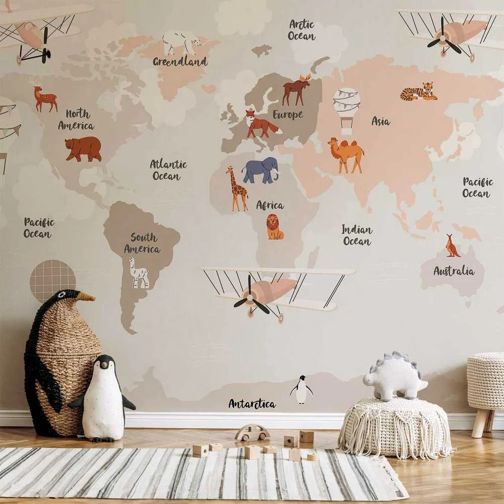 Artgeist Fototapetas - World Map in rusvai gelsvas Tones for Children's Room