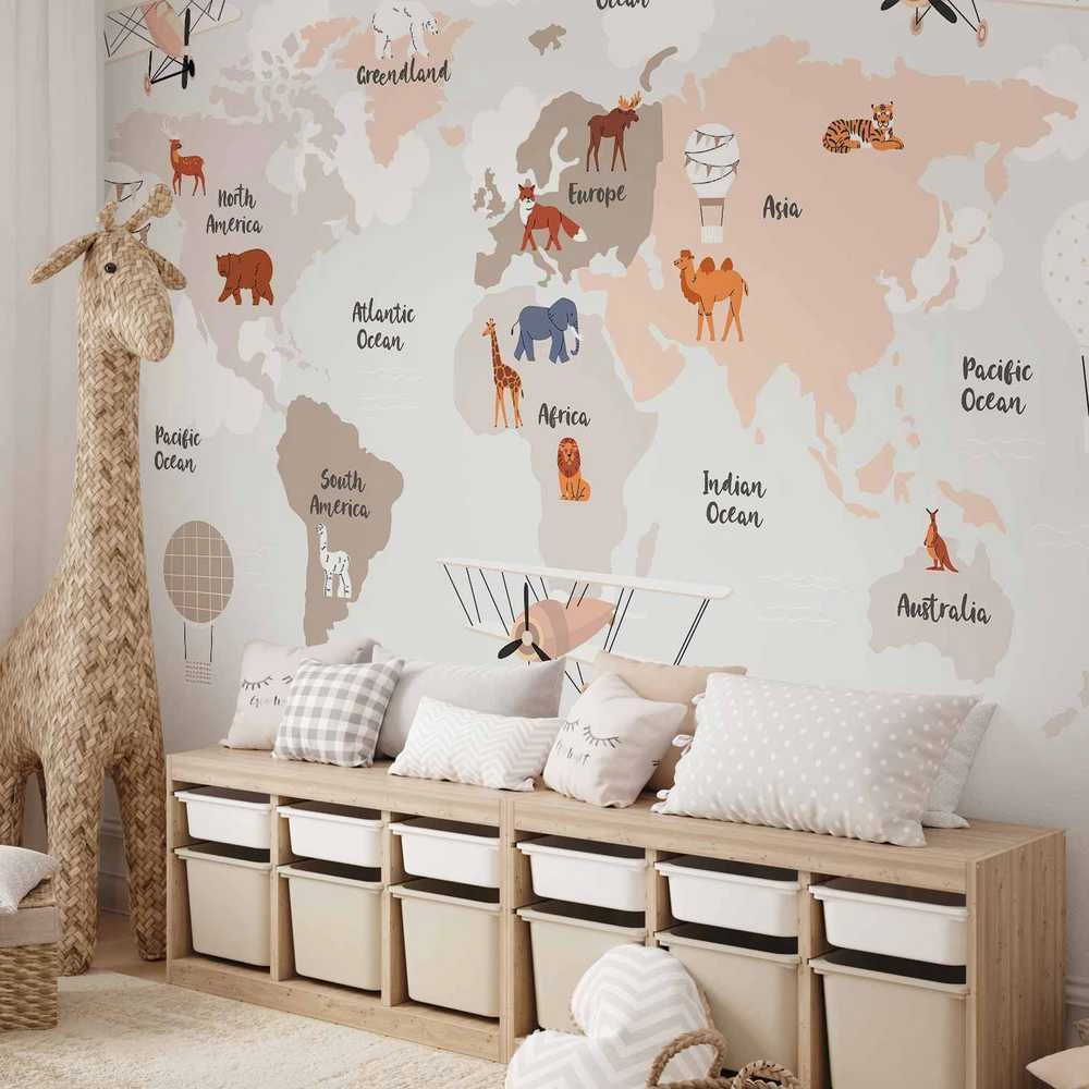 Artgeist Fototapetas - World Map in rusvai gelsvas Tones for Children's Room
