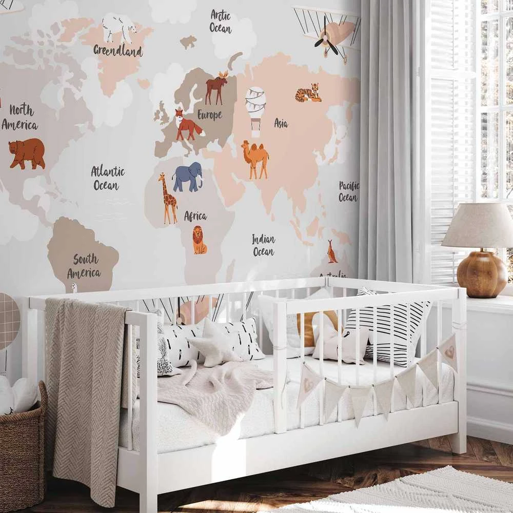 Artgeist Fototapetas - World Map in rusvai gelsvas Tones for Children's Room
