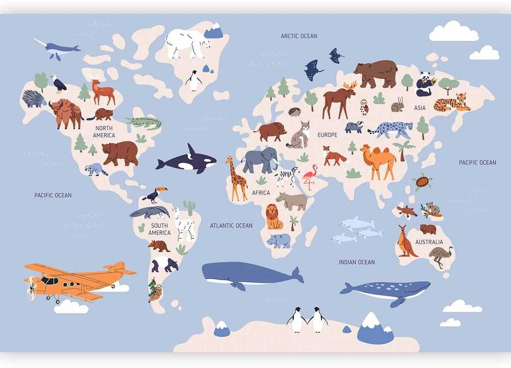 Artgeist Fototapetas - World Map With Animal Illustrations