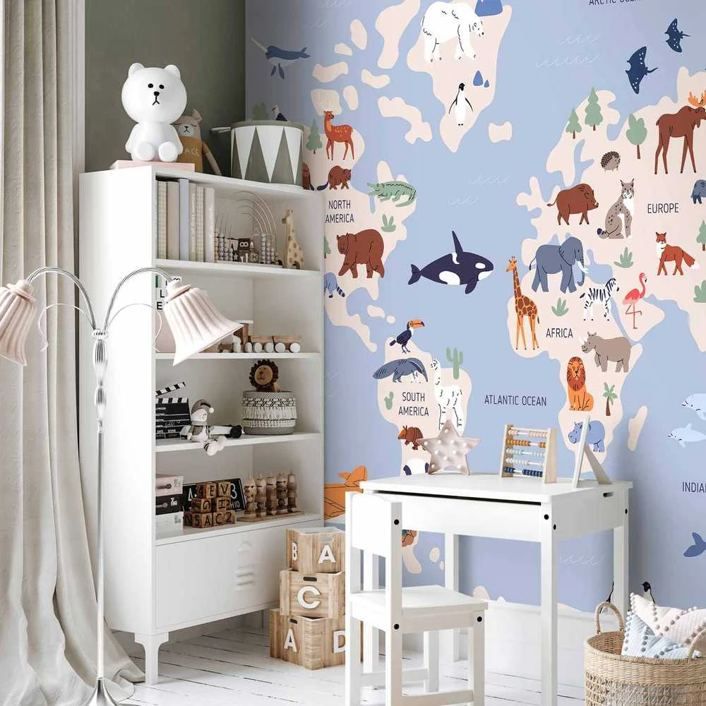 Artgeist Fototapetas - World Map With Animal Illustrations