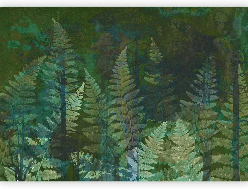 Artgeist Fototapetas - Žalias abstraction in the forest - fern leaves in the trunks with patterns