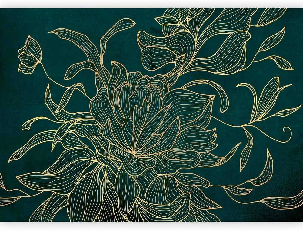 Artgeist Fototapetas - Žalias boudoir - linear drawing of a flower in golden colours on a dark background