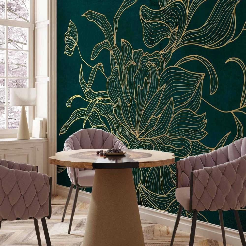 Artgeist Fototapetas - Žalias boudoir - linear drawing of a flower in golden colours on a dark background