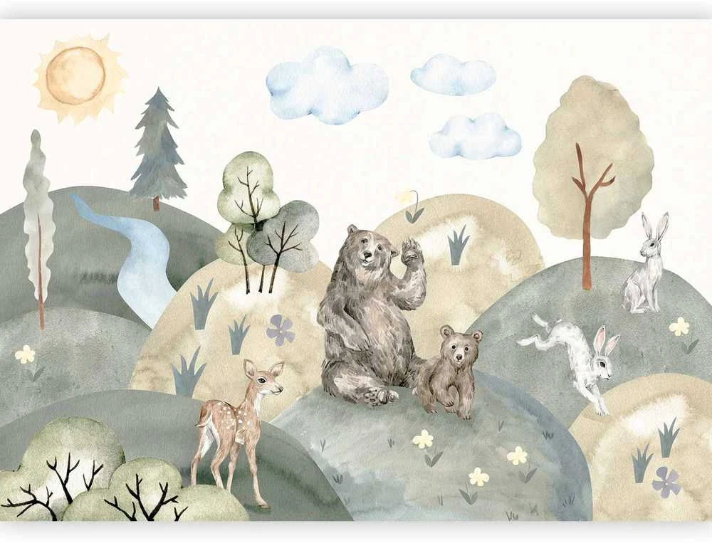Artgeist Fototapetas - Žalias Hills - a Valley With Animals Painted in Watercolours