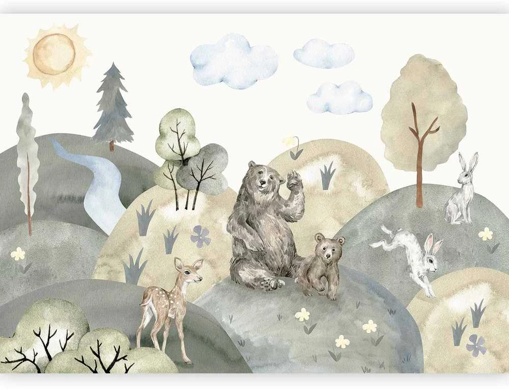 Artgeist Fototapetas - Žalias Hills - a Valley With Animals Painted in Watercolours