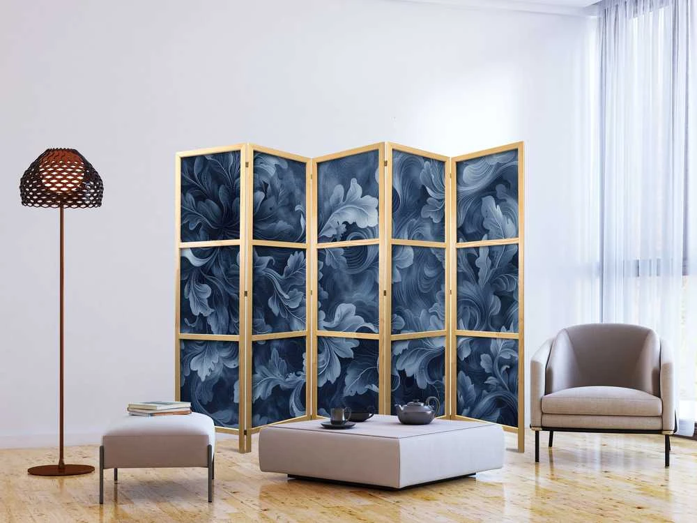 Artgeist Japoniška kambario pertvara - Abstract Ornaments - Dark Mėlyna Victorian Leaves