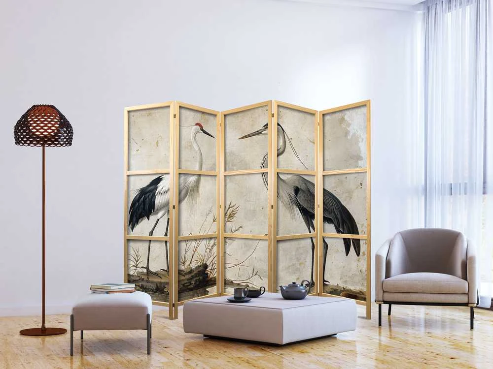 Artgeist Japoniška kambario pertvara - Birds from an old engraving - vintage-style illustration depicting a heron and a crane