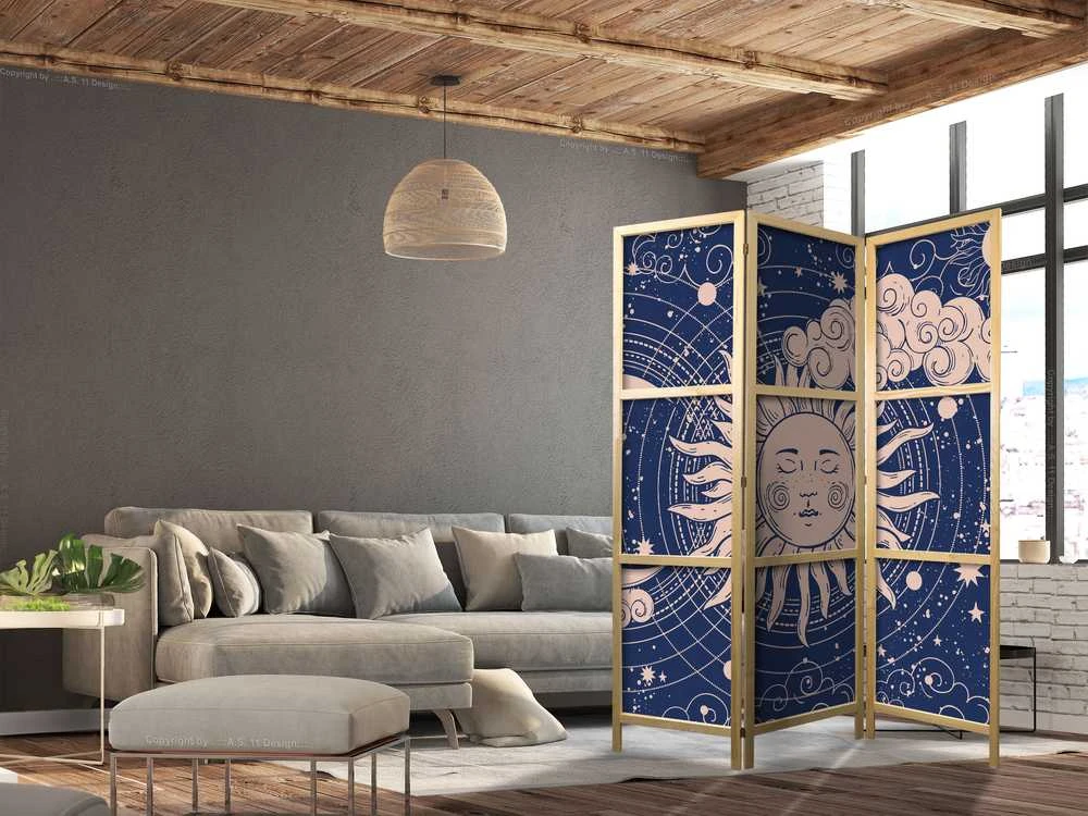 Artgeist Japoniška kambario pertvara - Cosmic Harmony - Illustration of the Sun and Moon on a Navy Background
