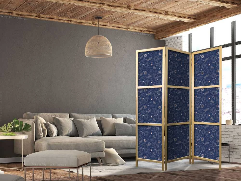 Artgeist Japoniška kambario pertvara - Cosmic Fantasy - Pattern with Suns - Moons - and Dragonflies on a Dark Background