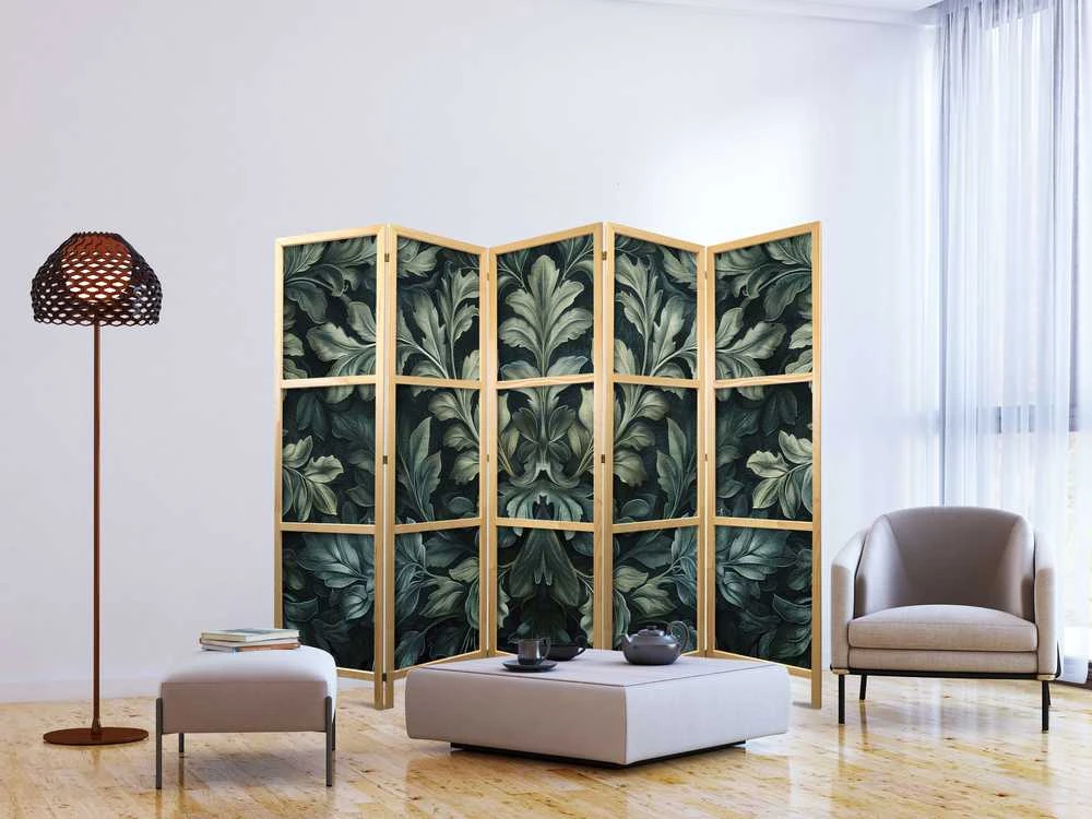Artgeist Japoniška kambario pertvara - Dark Žalias Victorian Leaves - Botanical Carved Composition