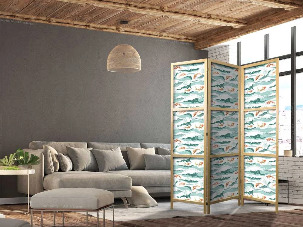 Artgeist Japoniška kambario pertvara - Fish Jumping Over Waves - Oriental Fish and Water Lilies Among High Waves in Shades of Sea Žalias