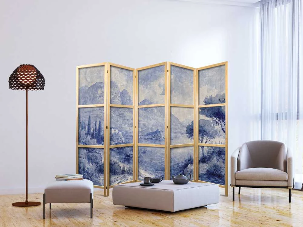 Artgeist Japoniška kambario pertvara - Italian Landscape - Lake Como Painted in Shades of Mėlyna