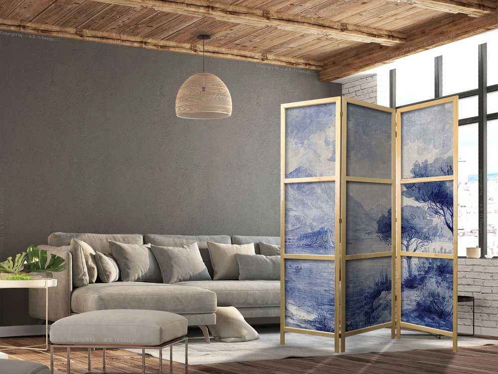 Artgeist Japoniška kambario pertvara - Italian Landscape - Lake Como Painted in Shades of Mėlyna