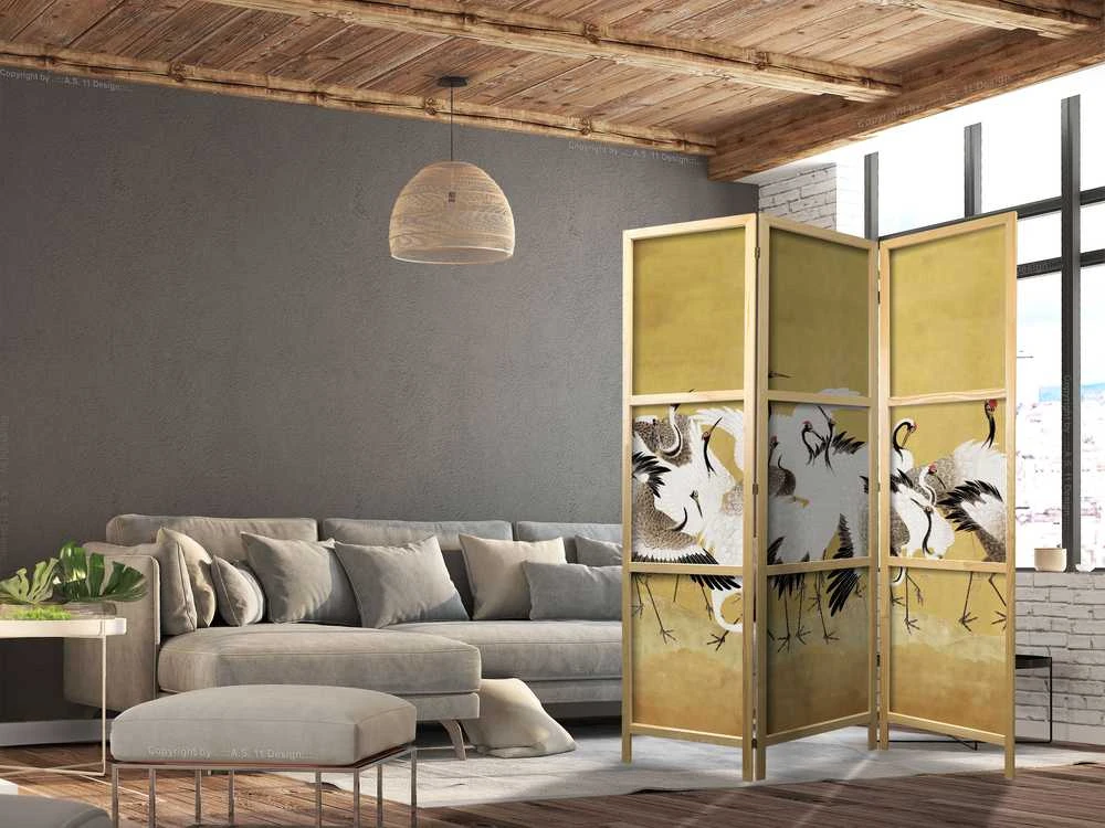 Artgeist Japoniška kambario pertvara - Japanese cranes - a flock of birds against a golden background based on a painting by Ishida Yūtei