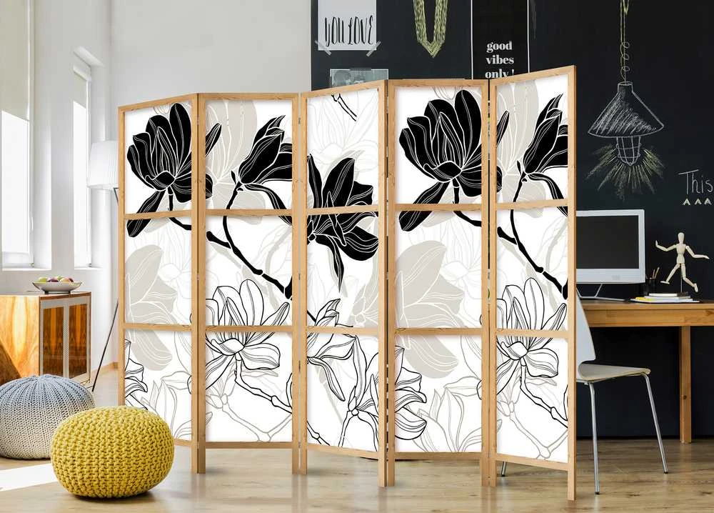 Artgeist Japoniška kambario pertvara - Juodas and Baltas Flowers II