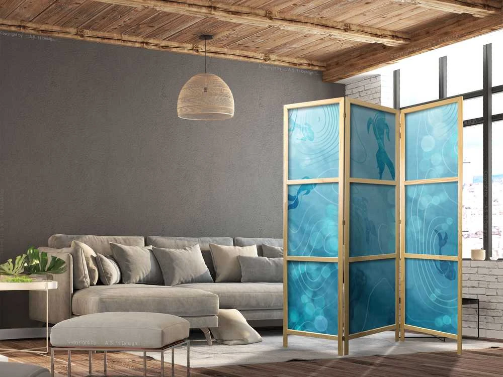 Artgeist Japoniška kambario pertvara - Koi Fish Under the Water Surface - a Cluster of Japanese Fish in the Depths of the Pond in Shades of Navy and Mėlyna