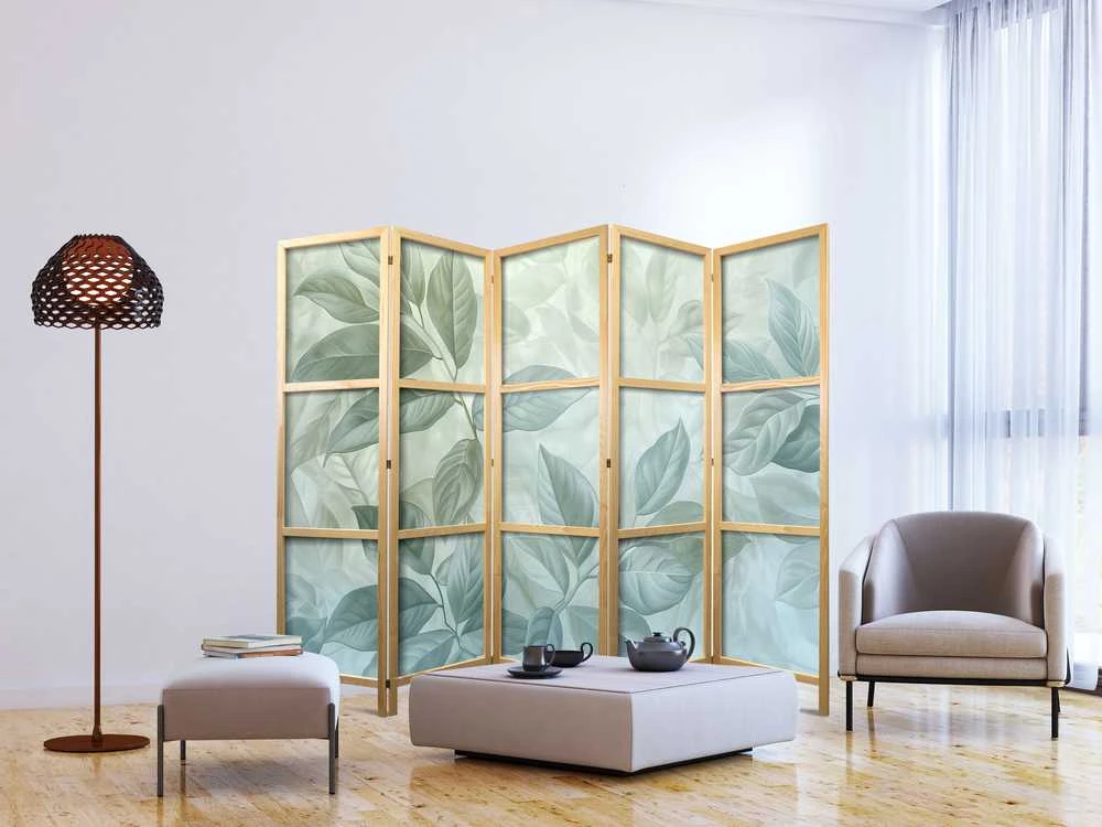 Artgeist Japoniška kambario pertvara - Large Leaves in Žalias-Mint Shades - Botanical Motif