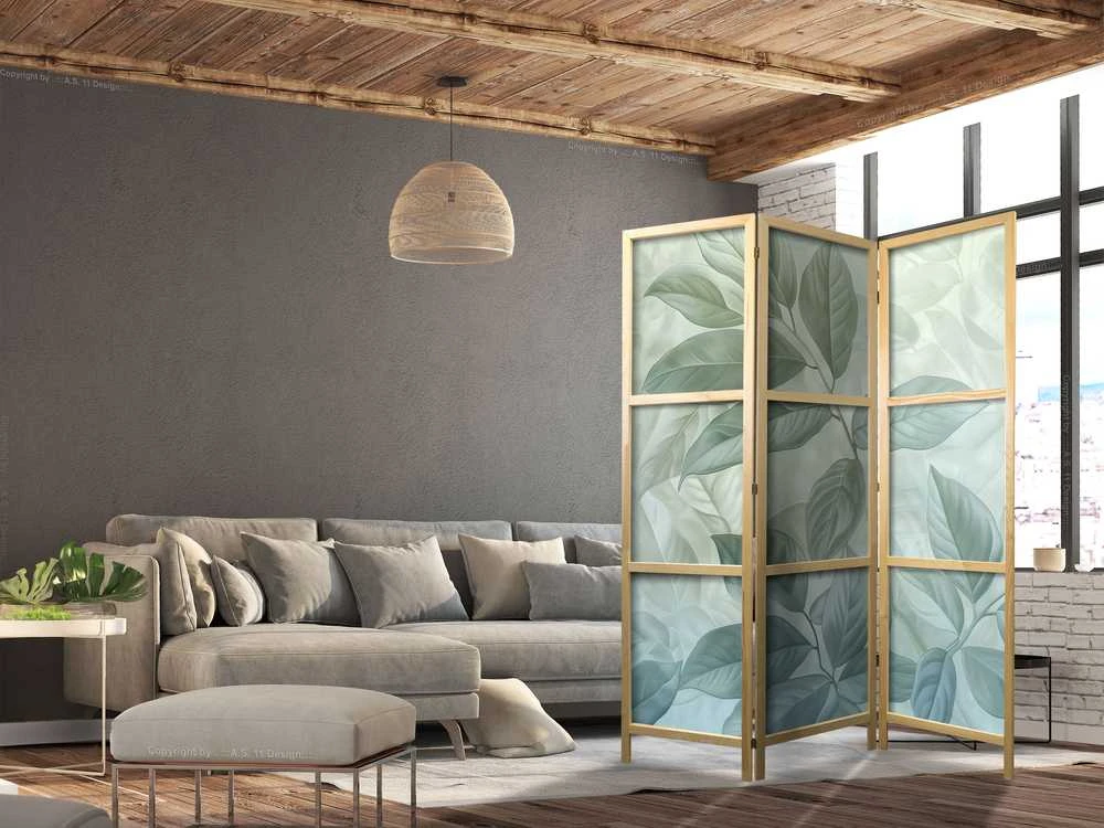 Artgeist Japoniška kambario pertvara - Large Leaves in Žalias-Mint Shades - Botanical Motif