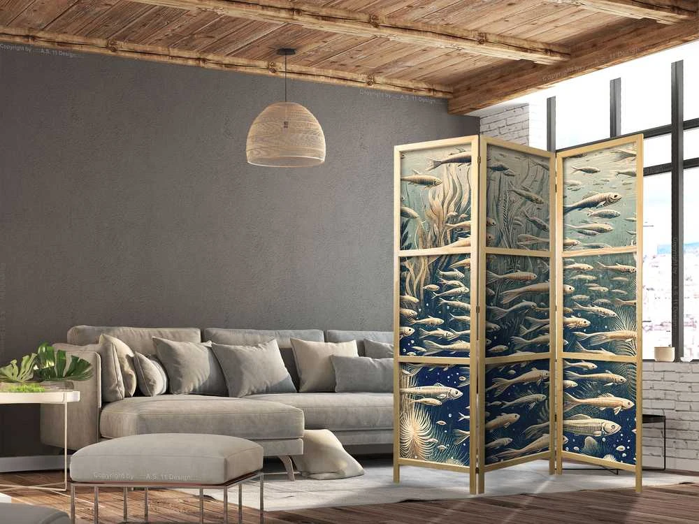 Artgeist Japoniška kambario pertvara - Life in the Ocean - Underwater World of Fish and Vegetation in rusvai gelsvas and Navy Retro Style