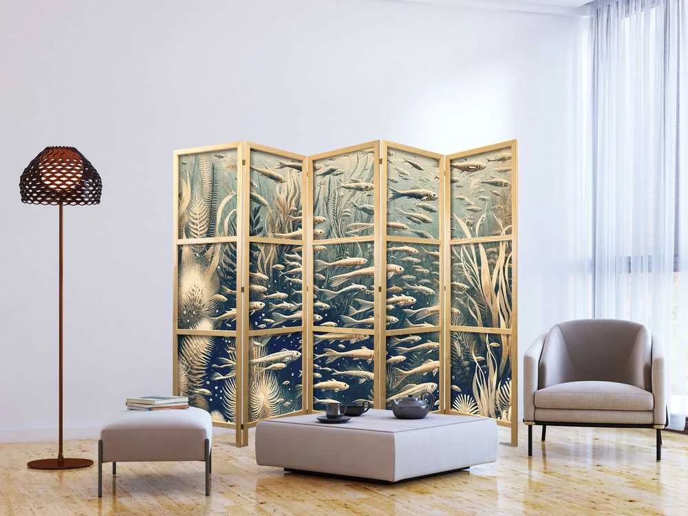 Artgeist Japoniška kambario pertvara - Life in The Ocean - Underwater World of Fish And Vegetation in rusvai gelsvas And Navy Colors in Retro Style