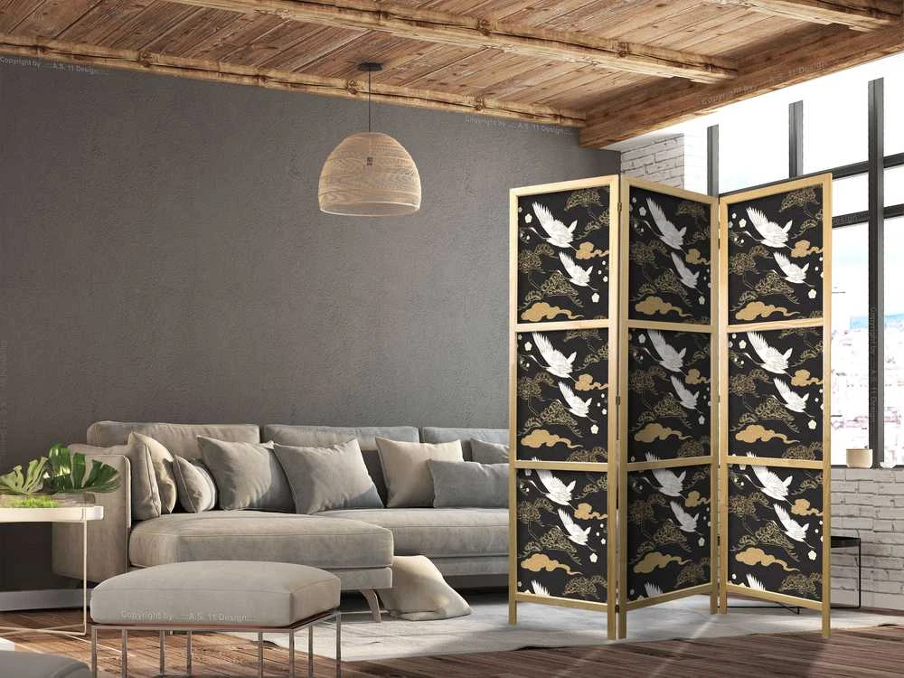 Artgeist Japoniška kambario pertvara - Oriental impressions - decorative pattern with a motif of flying cranes on a dark background