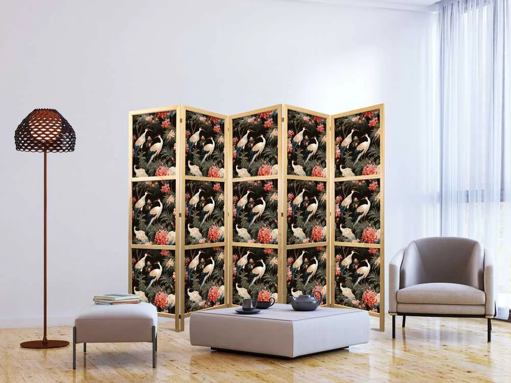 Artgeist Japoniška kambario pertvara - Ornament with birds - silhouettes of cranes and peony flowers on a dark background