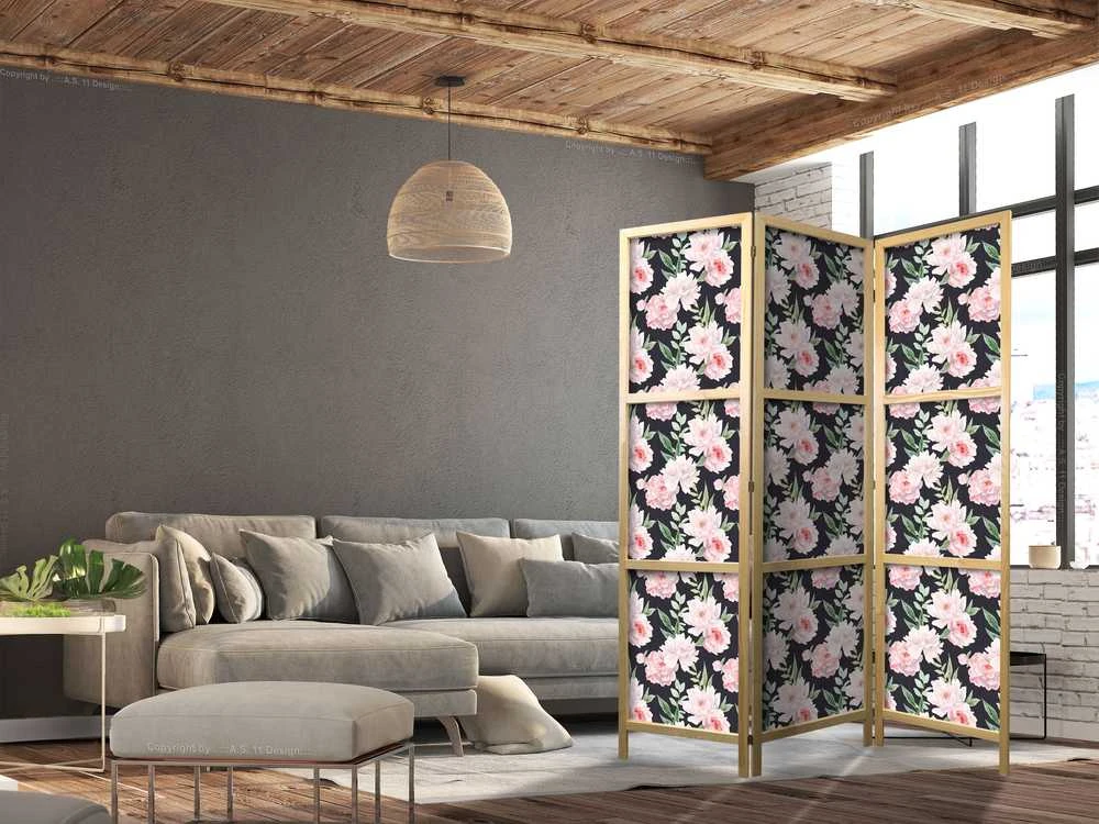 Artgeist Japoniška kambario pertvara - Peonies - Rožinė Flowers and Žalias Leaves on a Graphite Background