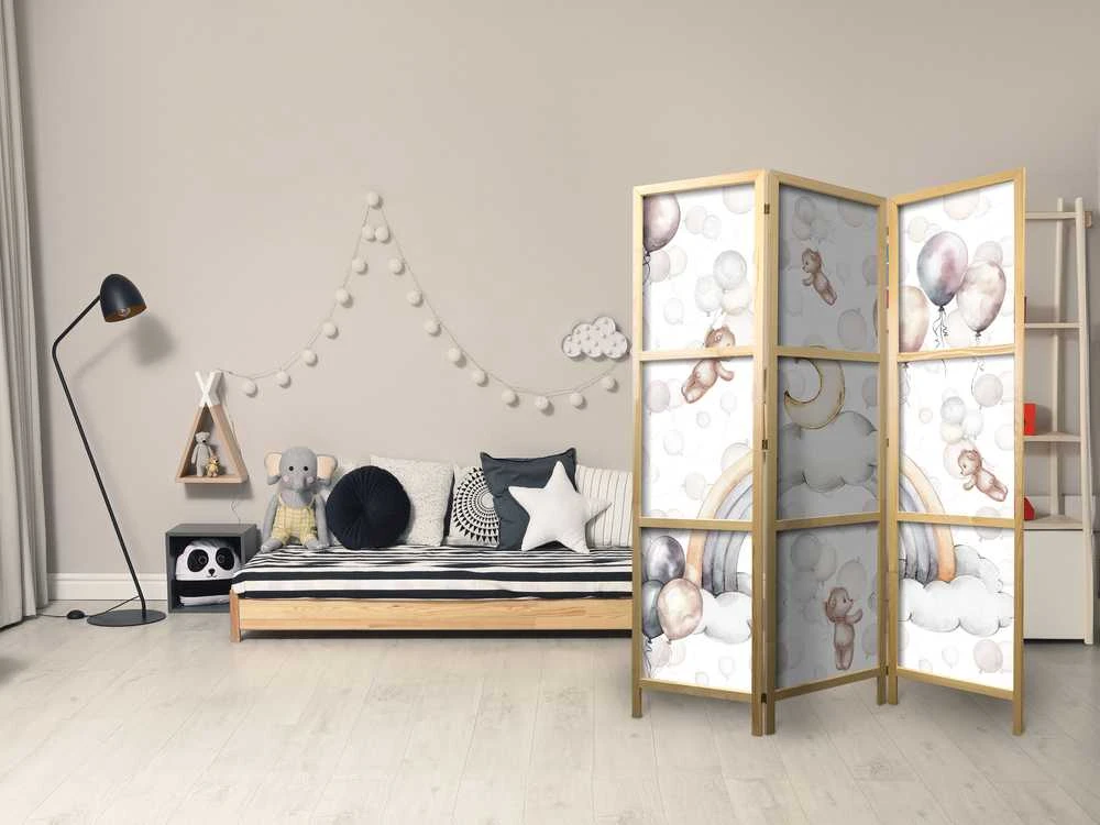 Artgeist Japoniška kambario pertvara - Plush Bears with Balloons - Flying Light-Brown Bears Among Balloons - Clouds - and Rainbows in Subdued - Pastel Colors.