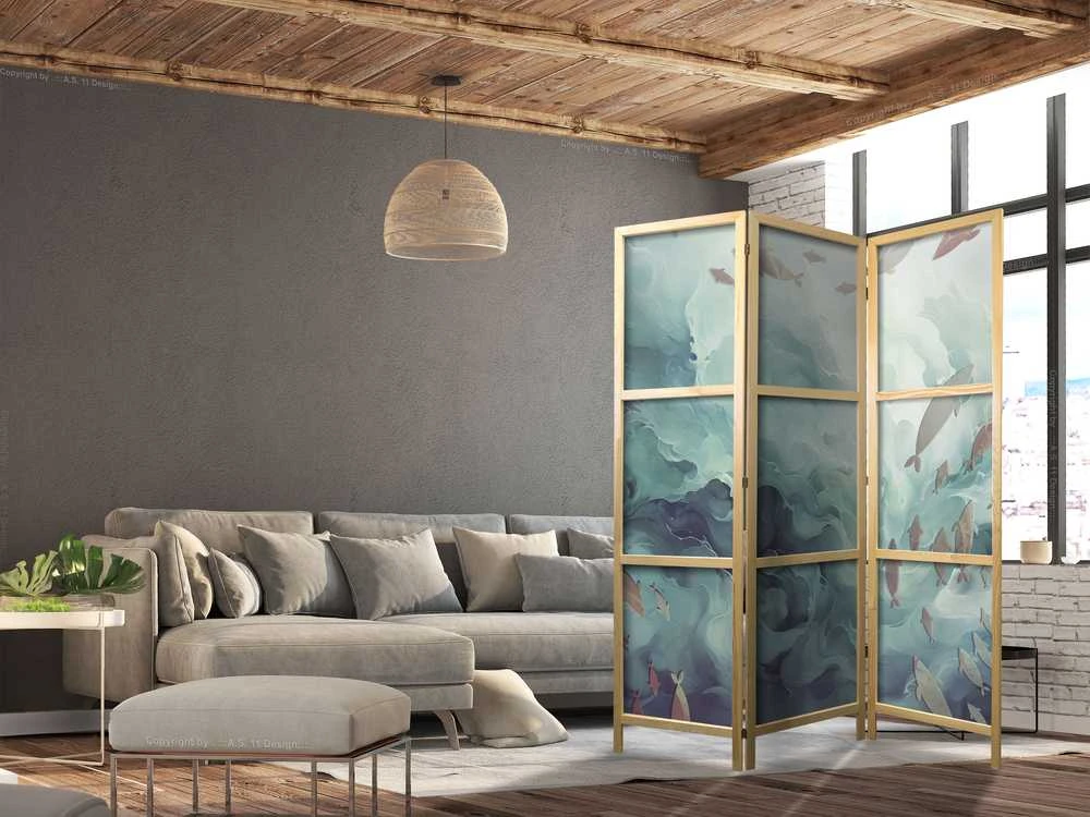 Artgeist Japoniška kambario pertvara - Three Schools of Fish - Fish in Muted Colors Swimming in Groups in Oceanic Depths