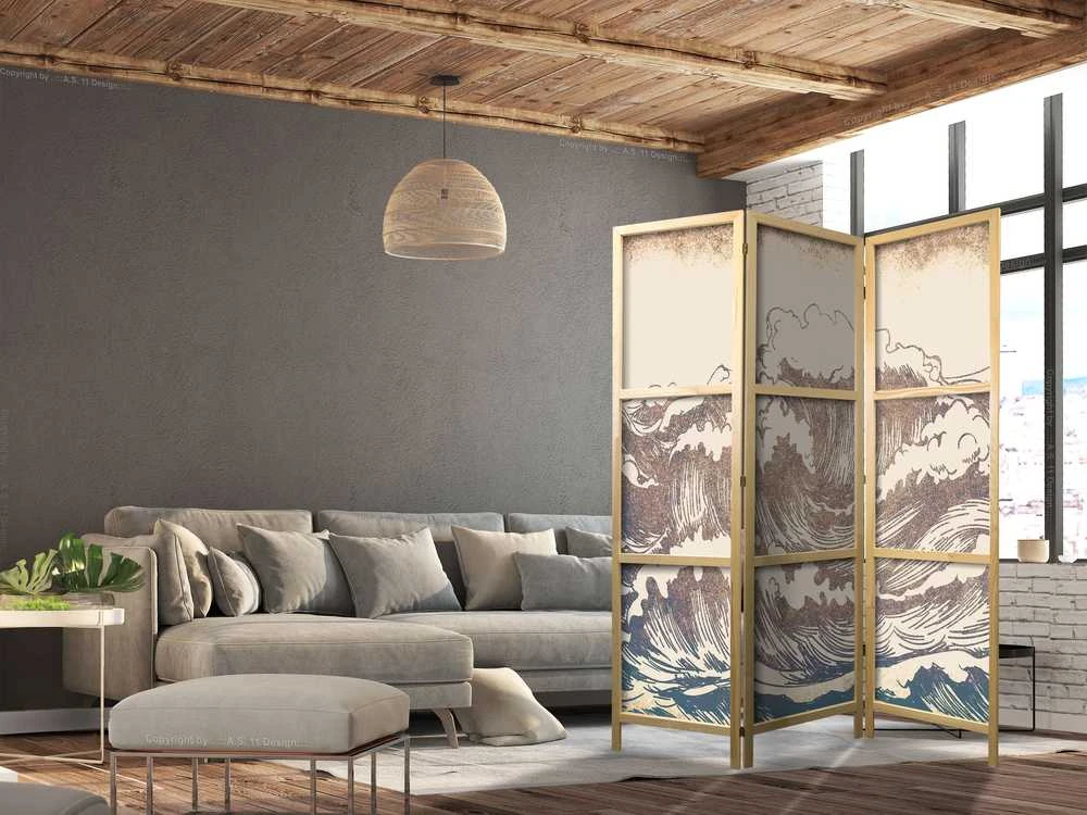 Artgeist Japoniška kambario pertvara - Turbulent Ocean - High Waves in Brown and Navy on a rusvai gelsvas Background in Vintage Style