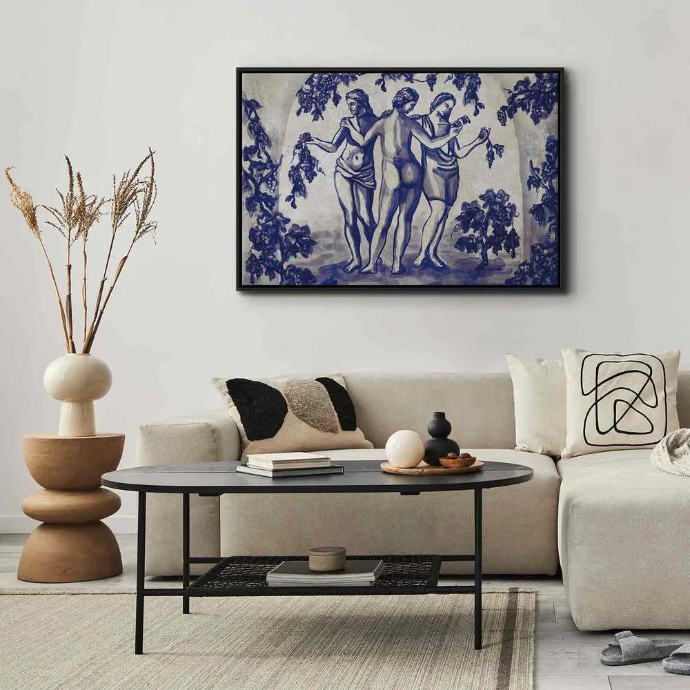 Artgeist Paveikslas - Ancient vineyard - three women in a portal painted with mėlynas ink