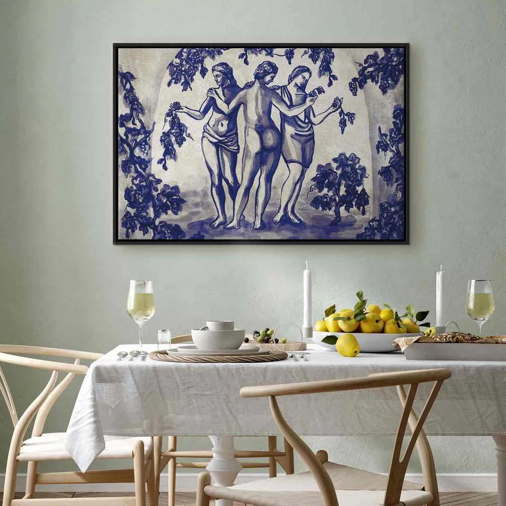 Artgeist Paveikslas - Ancient vineyard - three women in a portal painted with mėlynas ink