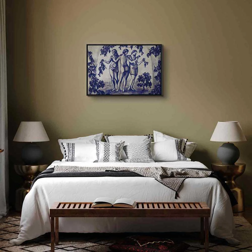 Artgeist Paveikslas - Ancient vineyard - three women in a portal painted with mėlynas ink