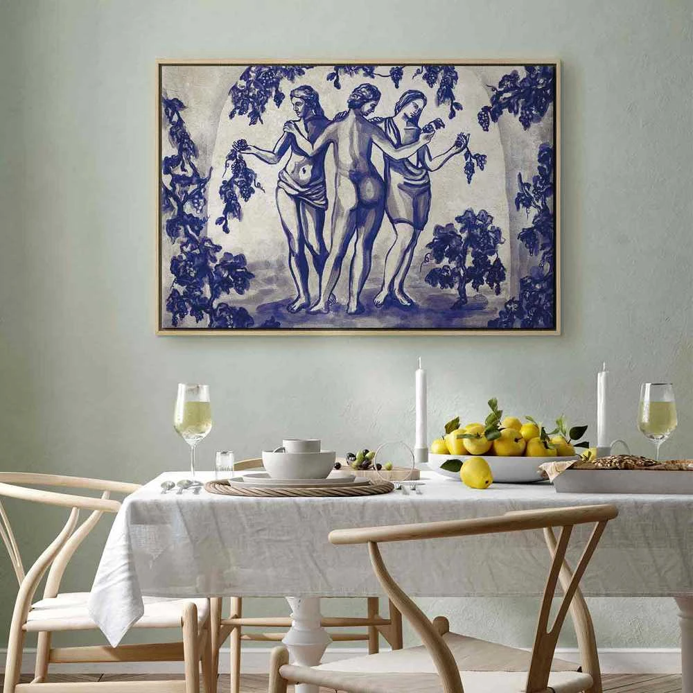 Artgeist Paveikslas - Ancient vineyard - three women in a portal painted with mėlynas ink