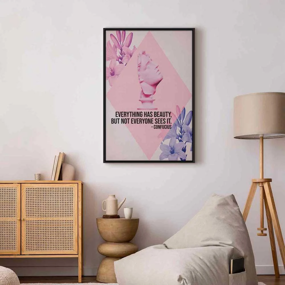 Artgeist Paveikslas - Beauty in the Eyes - Inspirational Quote with Rožinė Bust and Flowers