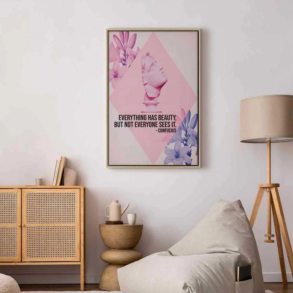 Artgeist Paveikslas - Beauty in the Eyes - Inspirational Quote with Rožinė Bust and Flowers