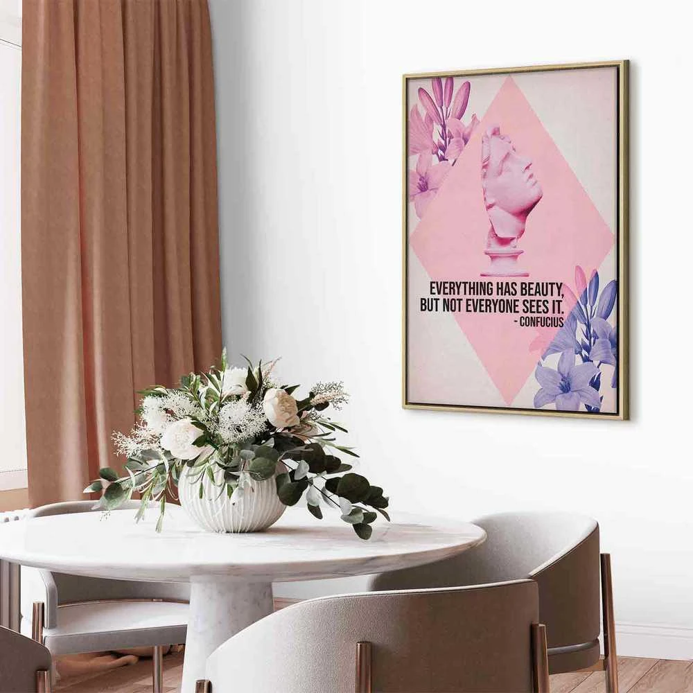 Artgeist Paveikslas - Beauty in the Eyes - Inspirational Quote with Rožinė Bust and Flowers