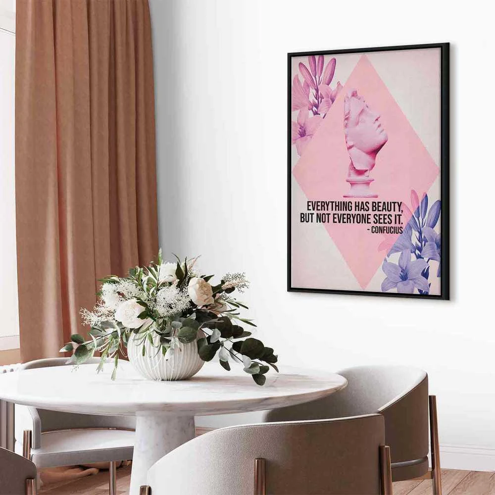 Artgeist Paveikslas - Beauty in the Eyes - Inspirational Quote with Rožinė Bust and Flowers
