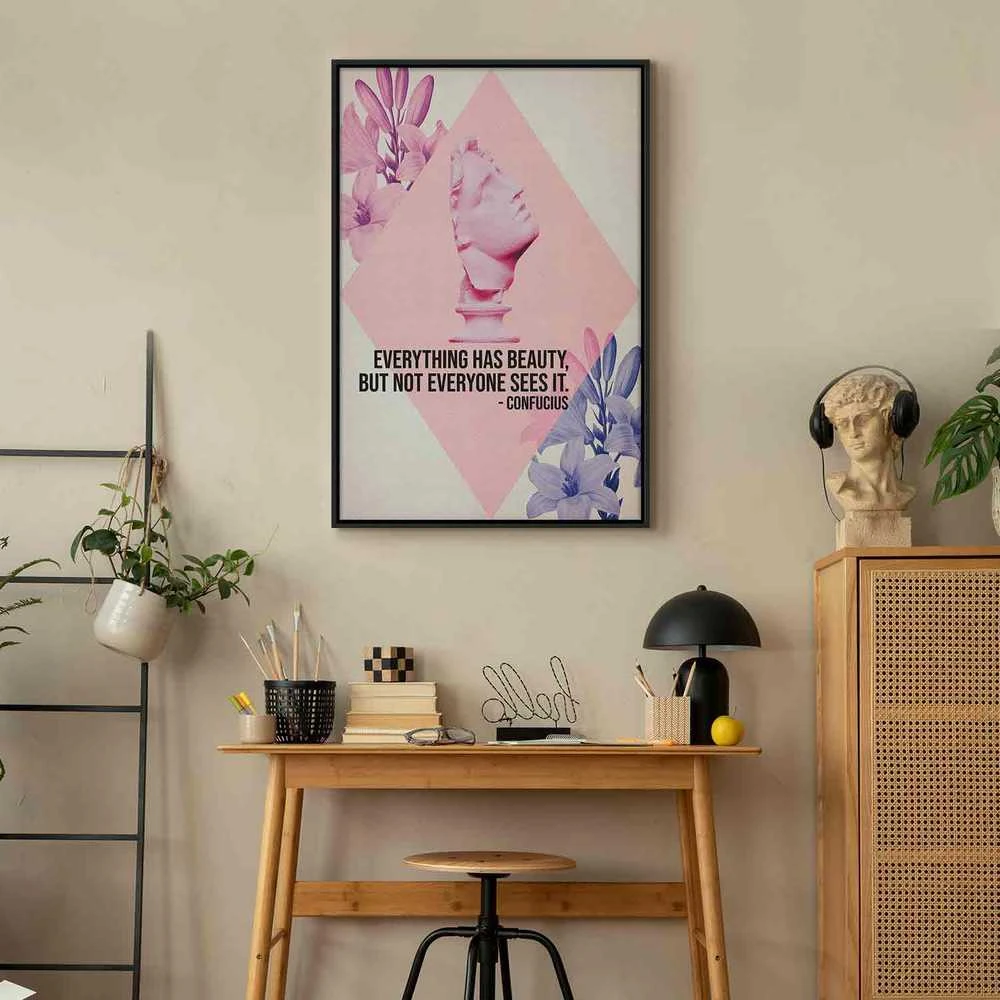 Artgeist Paveikslas - Beauty in the Eyes - Inspirational Quote with Rožinė Bust and Flowers