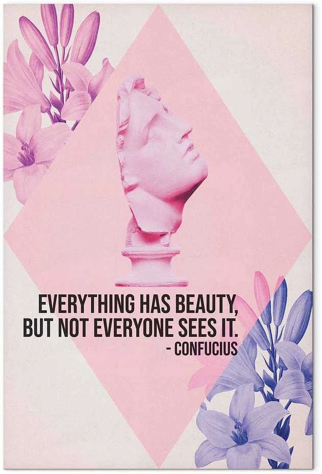 Artgeist Paveikslas - Beauty in the Eyes - Inspirational Quote with Rožinė Bust and Flowers