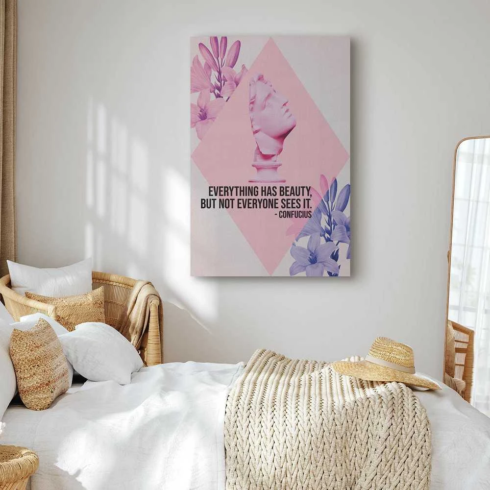 Artgeist Paveikslas - Beauty in the Eyes - Inspirational Quote with Rožinė Bust and Flowers