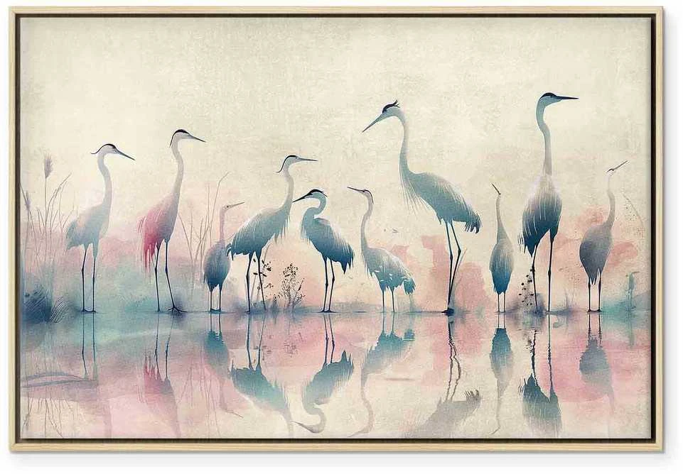 Artgeist Paveikslas - Birds by the lake - herons painted in watercolour in delicate pilkas and pink colours