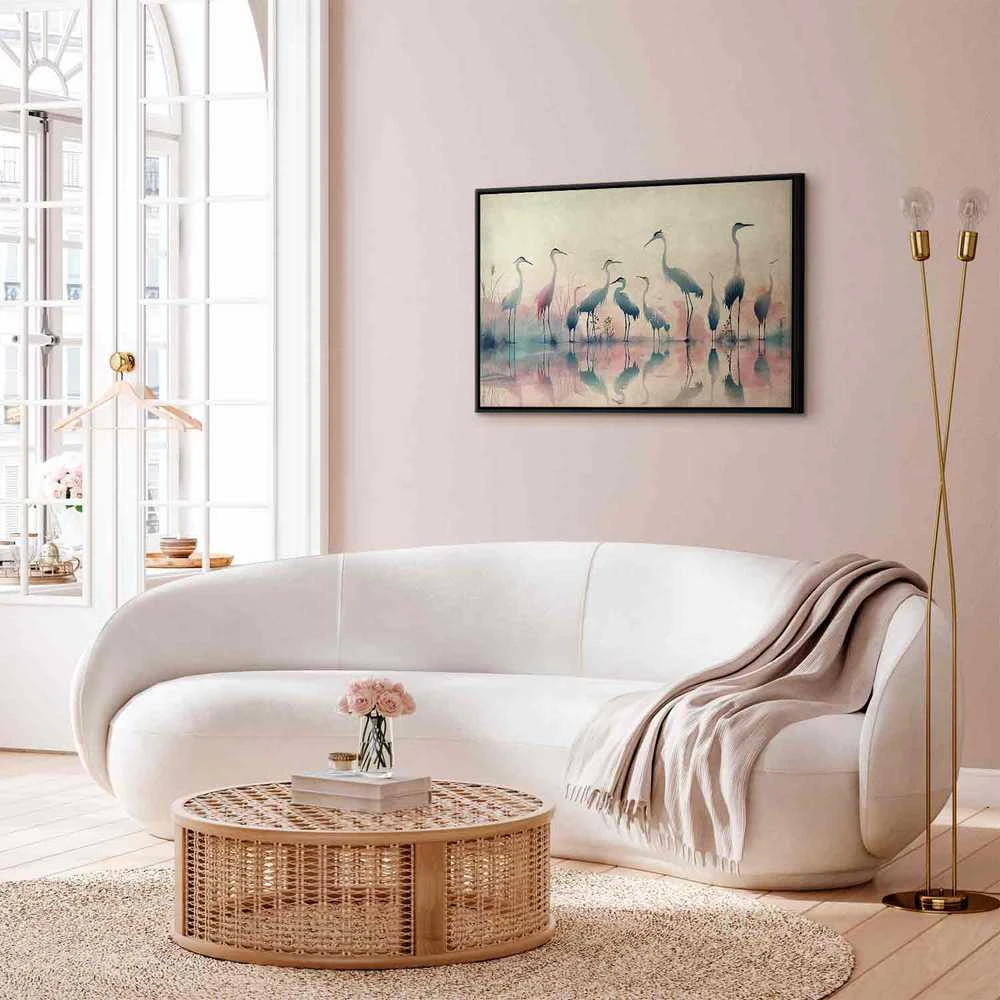 Artgeist Paveikslas - Birds by the lake - herons painted in watercolour in delicate pilkas and pink colours