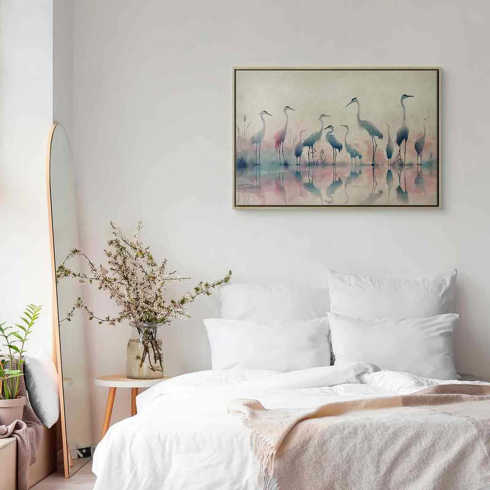 Artgeist Paveikslas - Birds by the lake - herons painted in watercolour in delicate pilkas and pink colours