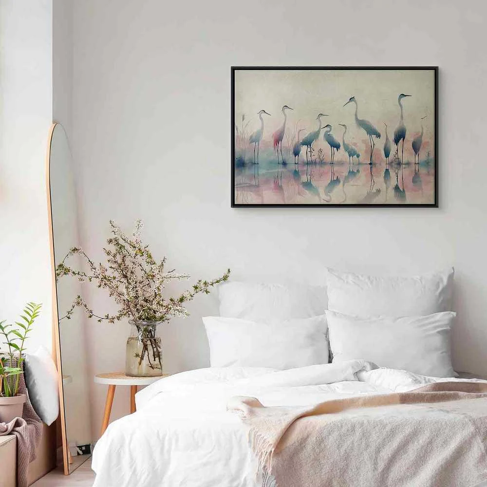 Artgeist Paveikslas - Birds by the lake - herons painted in watercolour in delicate pilkas and pink colours