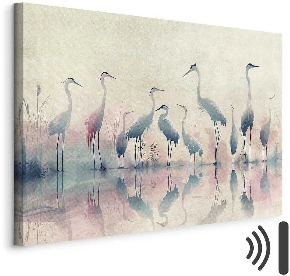 Artgeist Paveikslas - Birds by the lake - herons painted in watercolour in delicate pilkas and pink colours