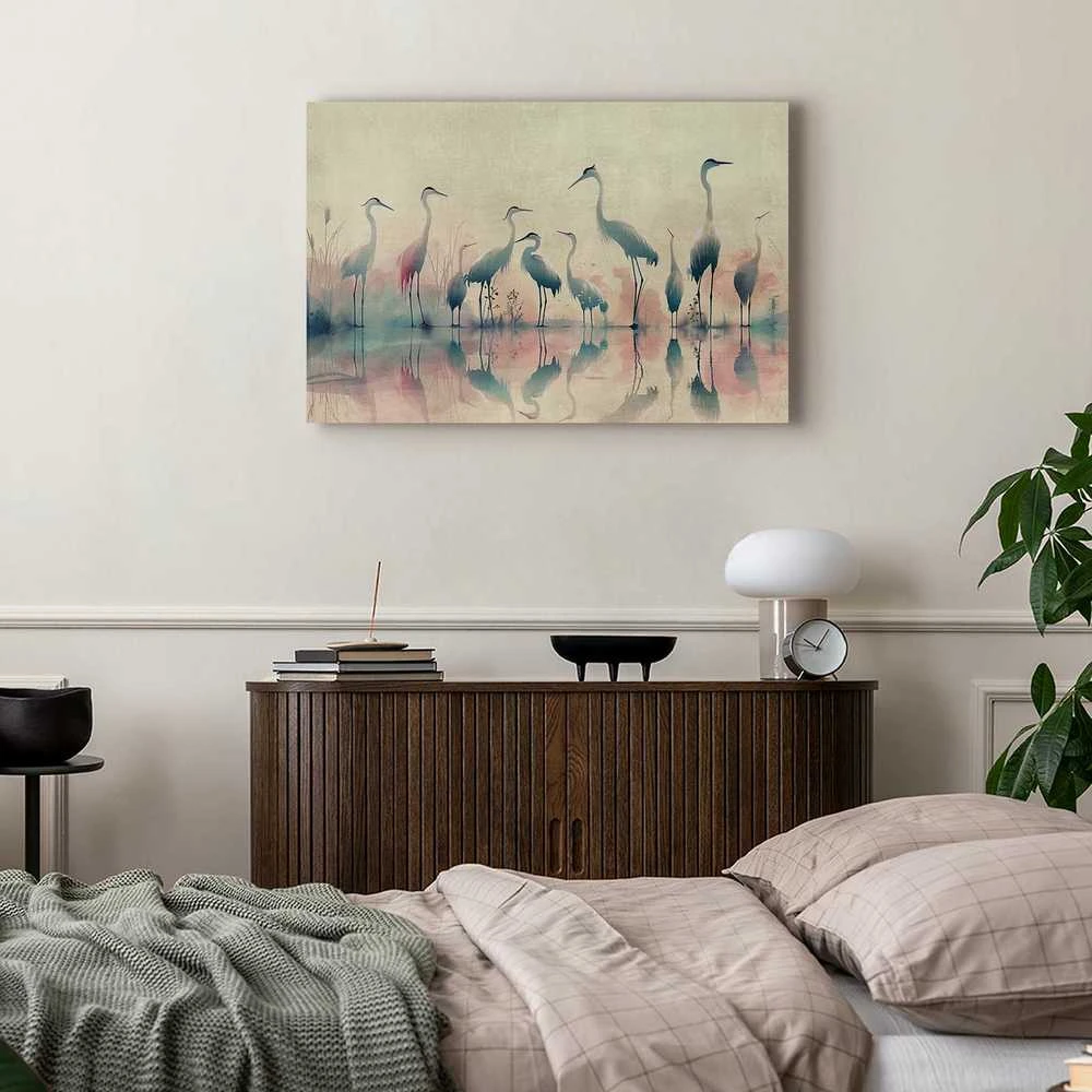 Artgeist Paveikslas - Birds by the lake - herons painted in watercolour in delicate pilkas and pink colours